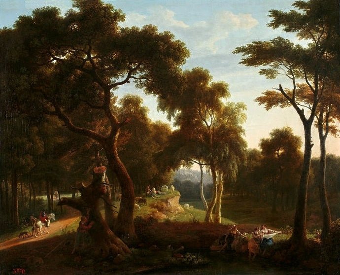 Hand-painted woodland path with horseman and bathers landscape oil painting on canvas