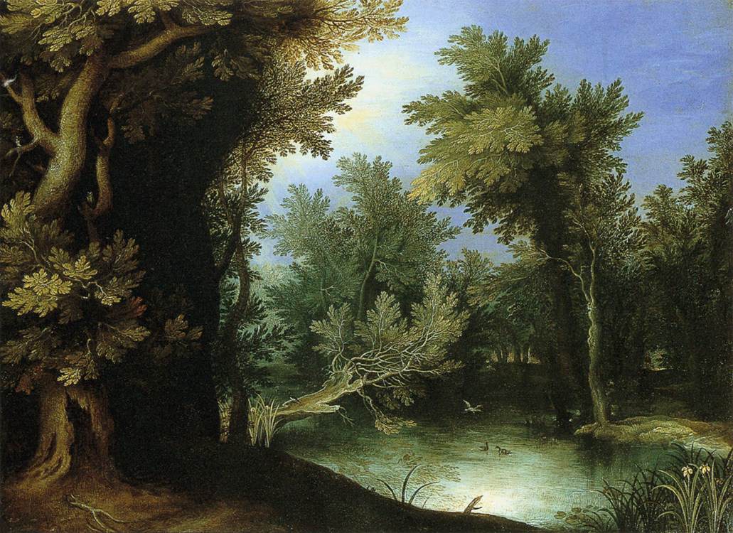 Hand-painted woodland pond with tall trees landscape oil painting on canvas