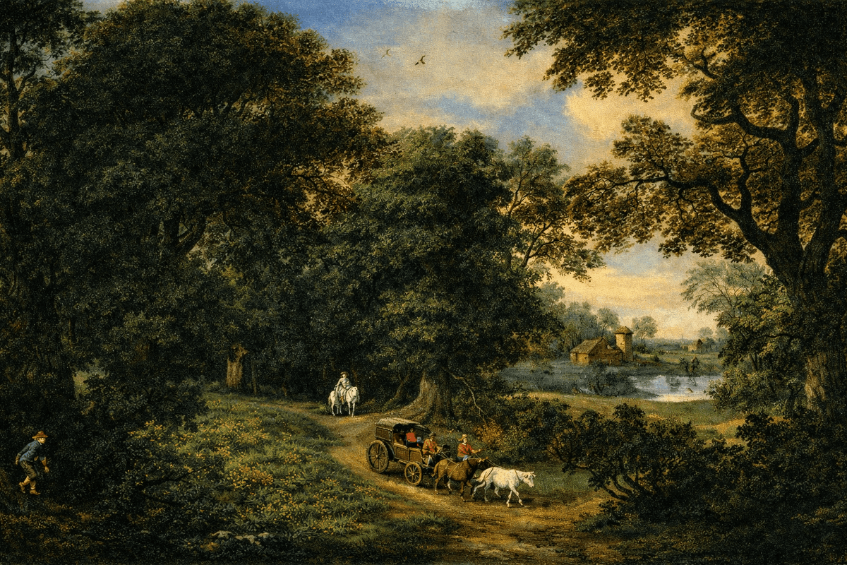 Hand-painted woodland road with carriage and horse landscape oil painting on canvas