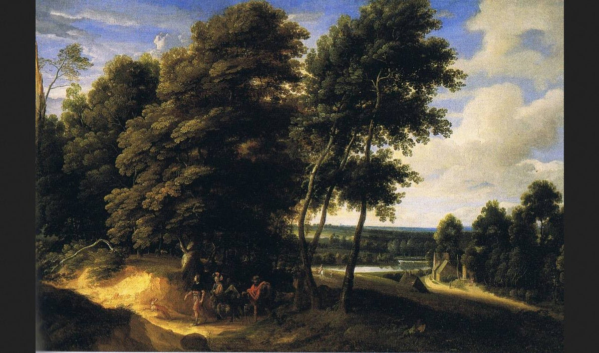 Hand-painted woodland road with riders at dusk landscape oil painting on canvas