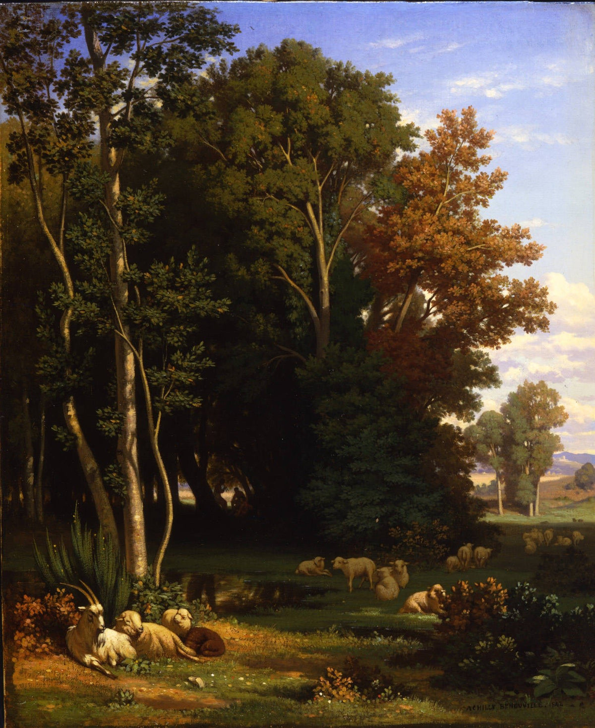 Hand-painted woodland sheep rest under tall trees landscape oil painting on canvas