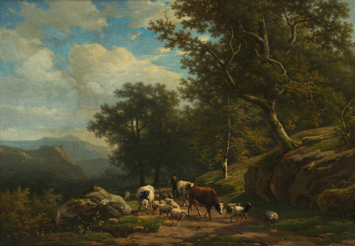 Hand-painted woodland shepherd with sheep and cattle landscape oil painting on canvas