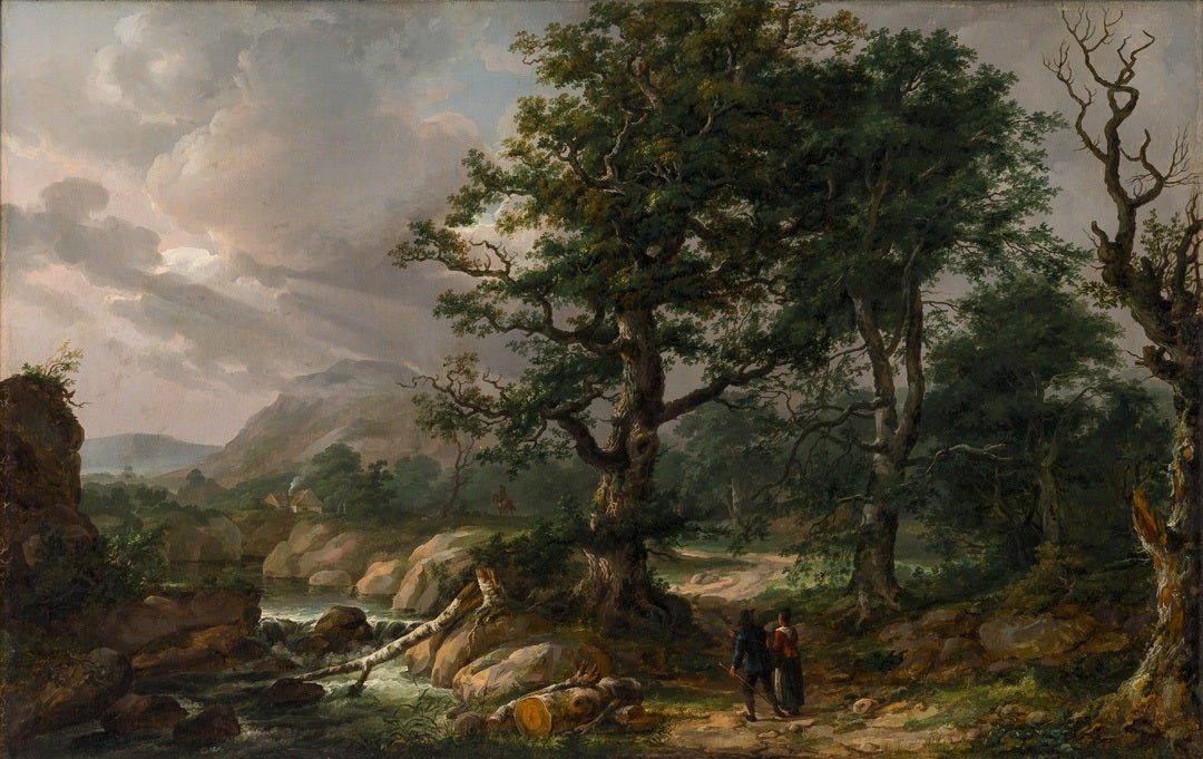Hand-painted woodland stream and mountain path landscape oil painting on canvas