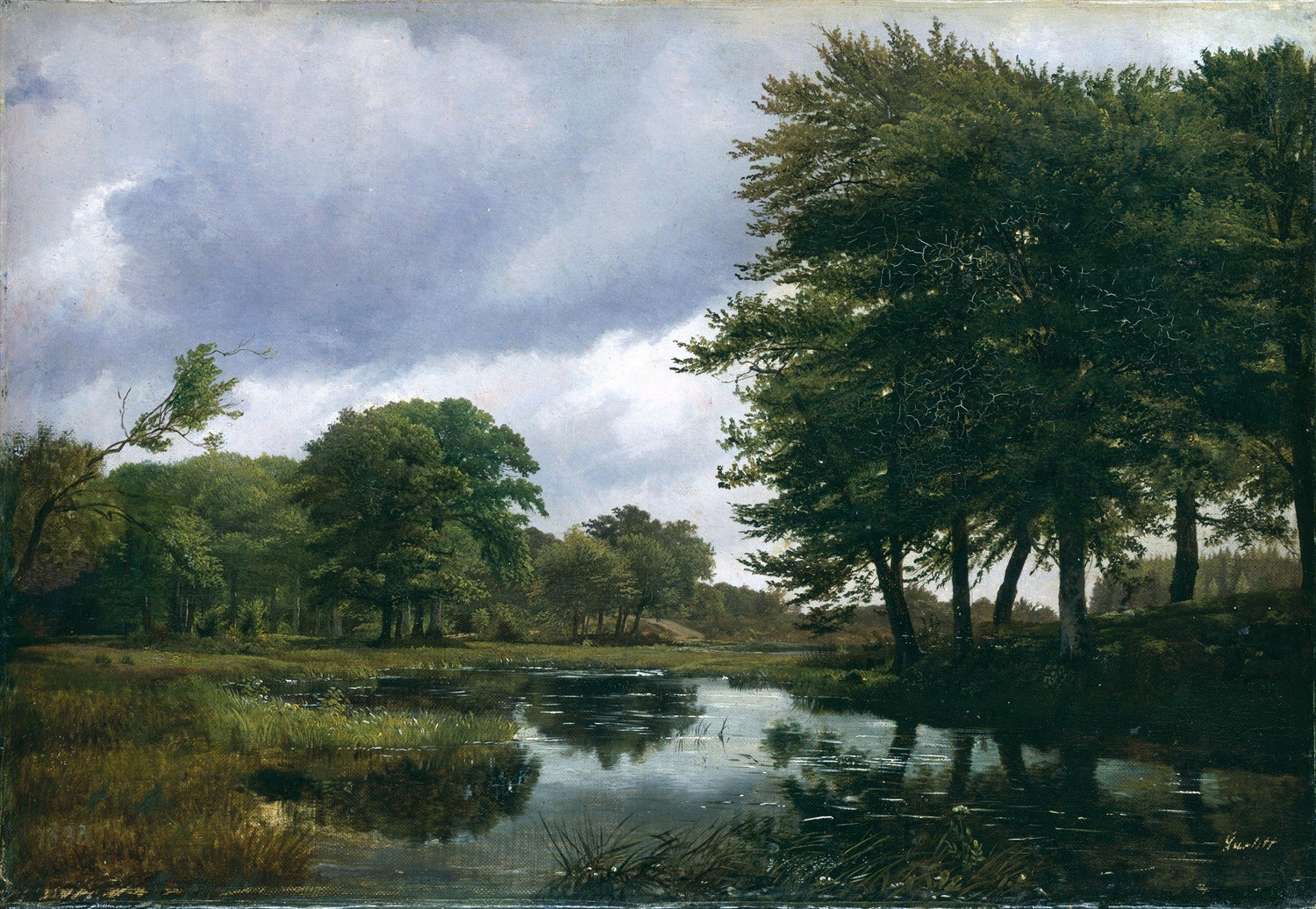 Landscape Oil Painting - Woodland Stream, Reflections & Cloudy Sky - Oil Painting Haven