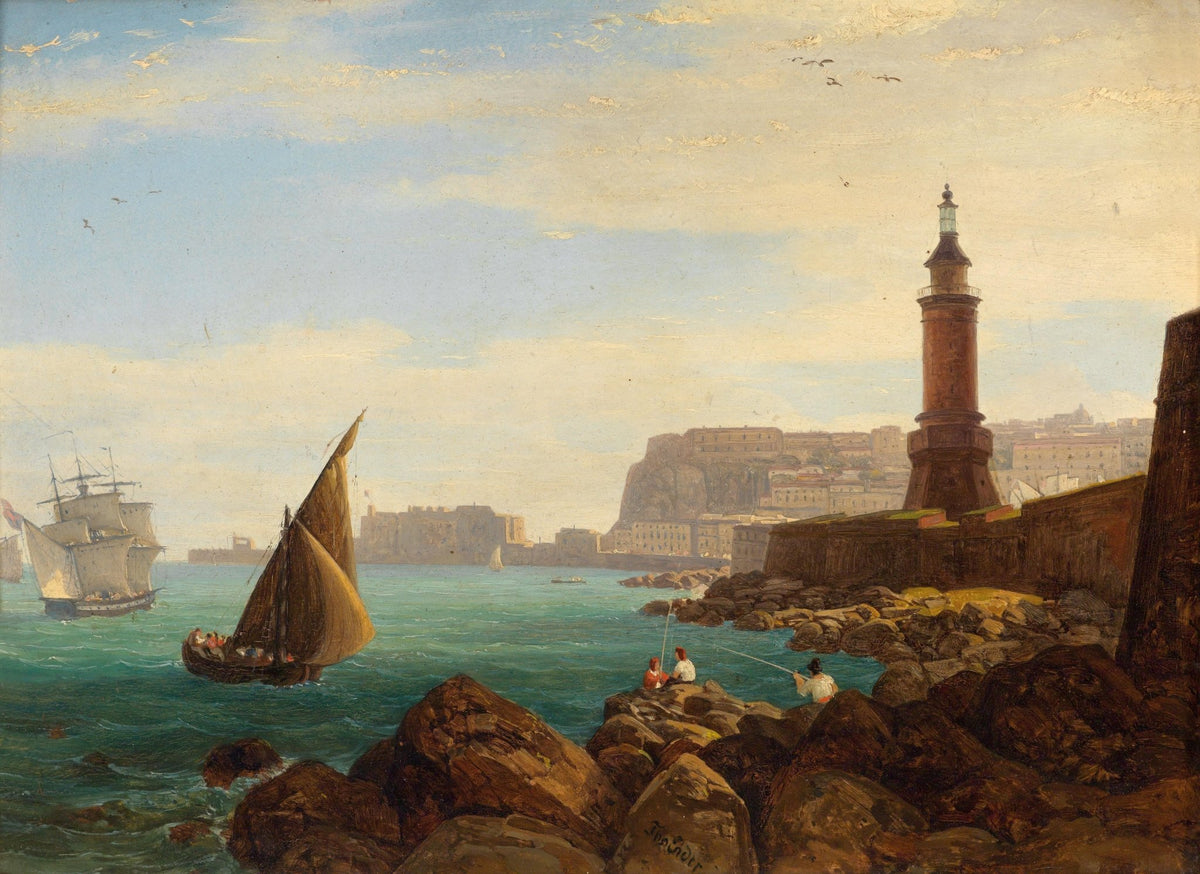 Hand-painted lighthouse and coastal harbor view nautical oil painting on canvas