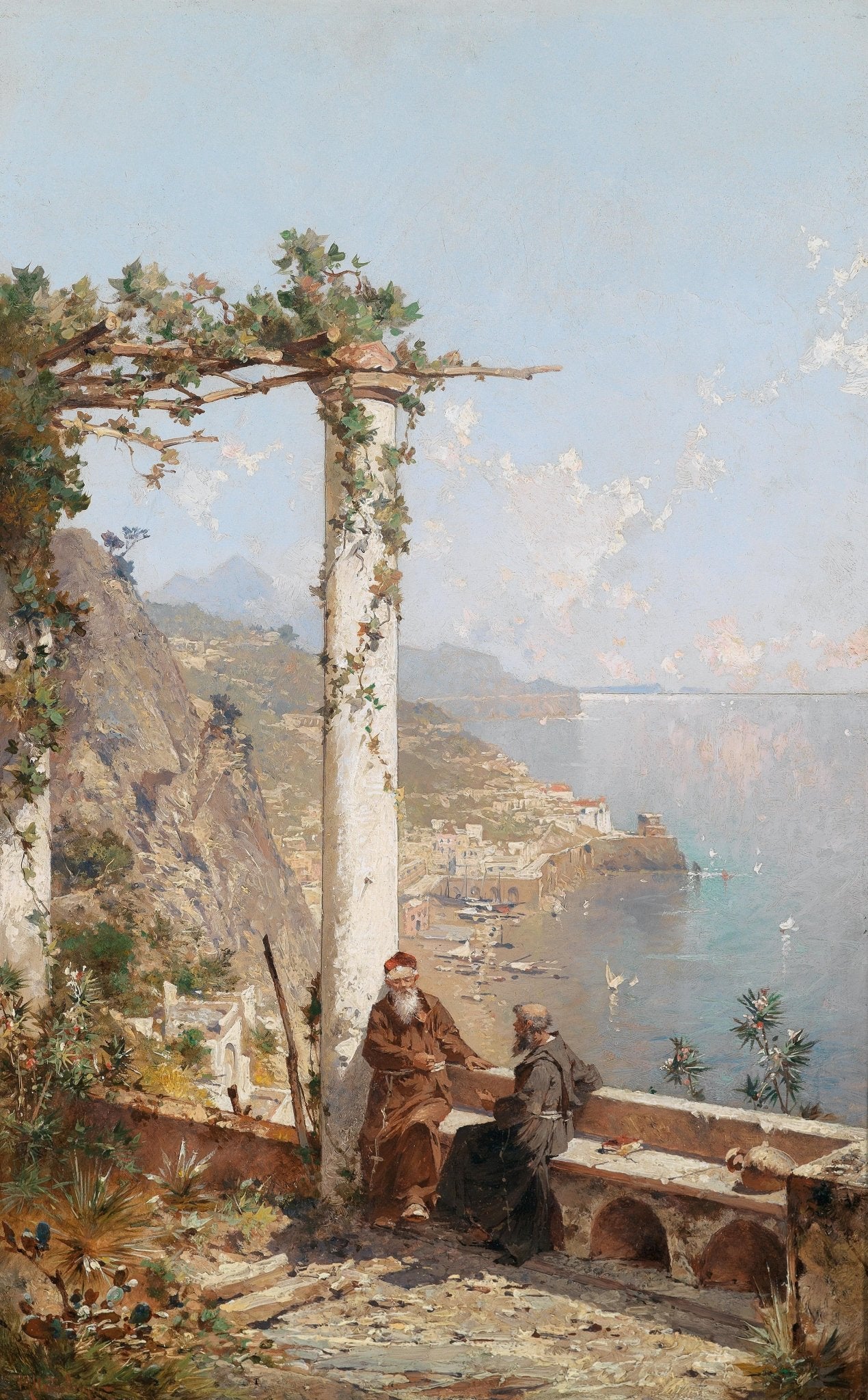 Landscape oil painting with textured brushwork showing Mediterranean coast terrace, two figures by stone railing,. - Add Frame, Canvas, Coastal, Figure, Hand Painted, Landscape, Made To Order, Oil Painting, Seascape