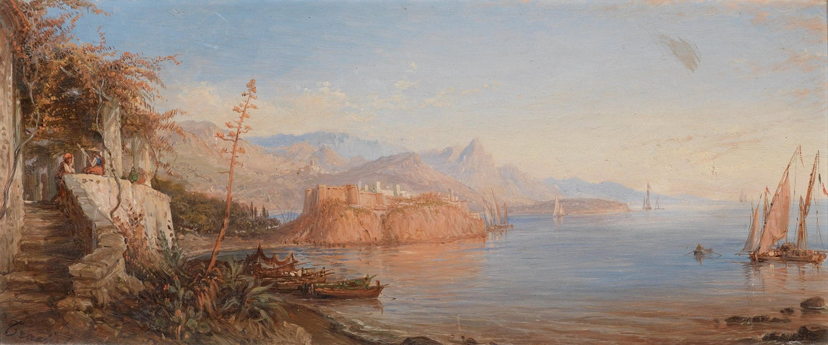 Hand-painted mediterranean coastal harbor view nautical oil painting on canvas