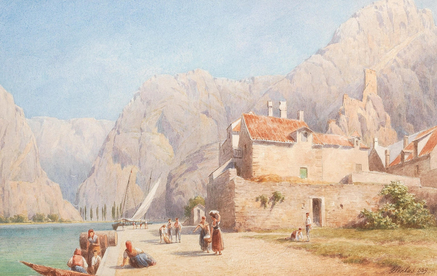 Hand painted landscape oil painting on canvas of Mediterranean harbor village with boats, stone buildings, and mountains,. - Add Frame, Boat, Canvas, Coastal, Hand Painted, Harbor, Landscape, Made To Order, Mountain, Oil Painting, Seascape, Village