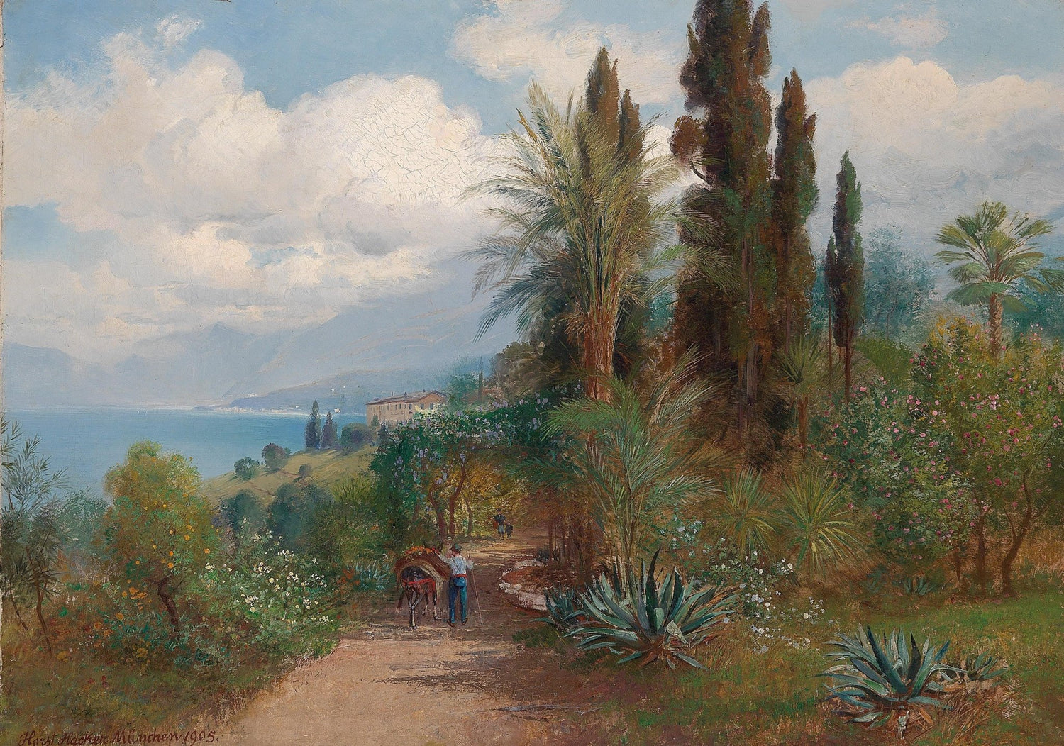 Mediterranean Palm Path, Coastal Hills – Landscape Oil Painting - Oil Painting Haven