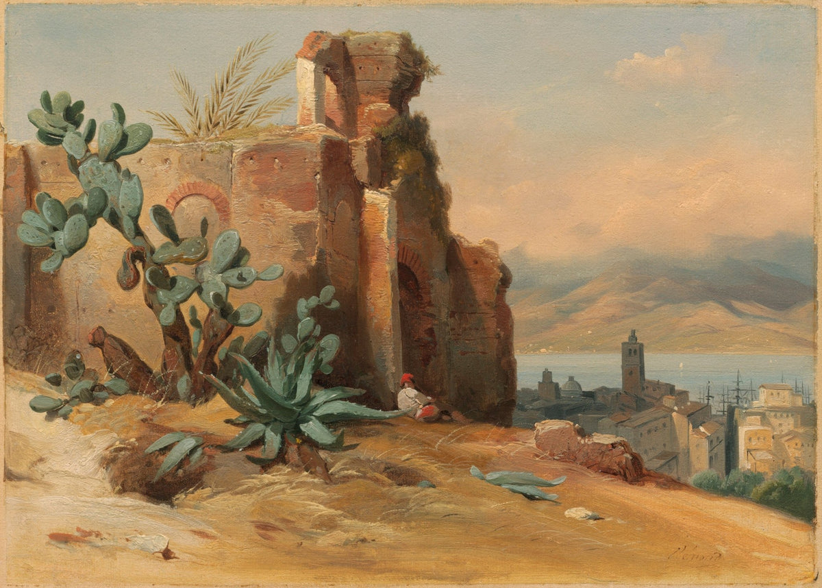 Landscape oil painting of Mediterranean coastal ruins with cacti in foreground, textured brushwork on oil on canvas. - Add Frame, Architecture, Canvas, Coastal, Hand Painted, Landscape, Made To Order, Oil Painting, Seascape, Village