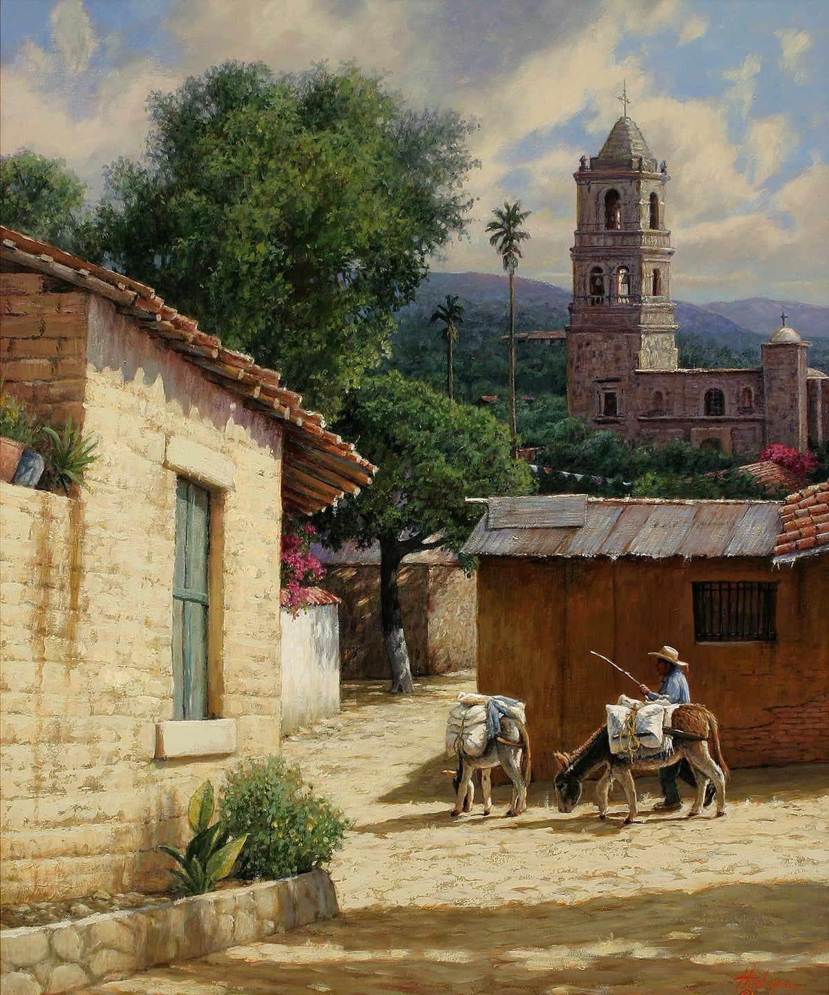 Landscape oil painting of a Mexican village street with a stone church tower, hand painted oil on canvas with textured. - Add Frame, Architecture, Canvas, Church, Hand Painted, Landscape, Made To Order, Oil Painting, Village