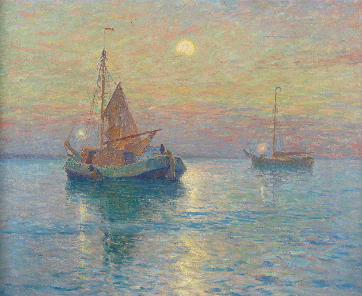 Hand-painted moonlit boats on calm sea nautical oil painting on canvas