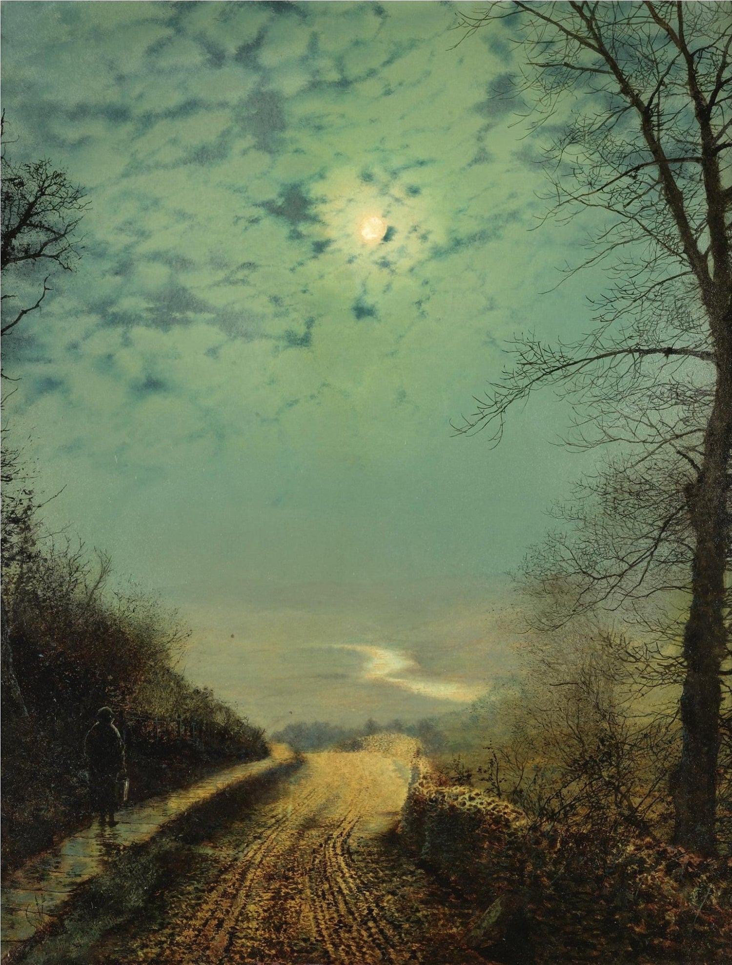 Landscape oil painting of a moonlit country road after rain with textured brushwork on canvas, hand painted with oil on. - Add Frame, Canvas, Country, Forest, Hand Painted, Landscape, Made To Order, Moonlight, Oil Painting, Road