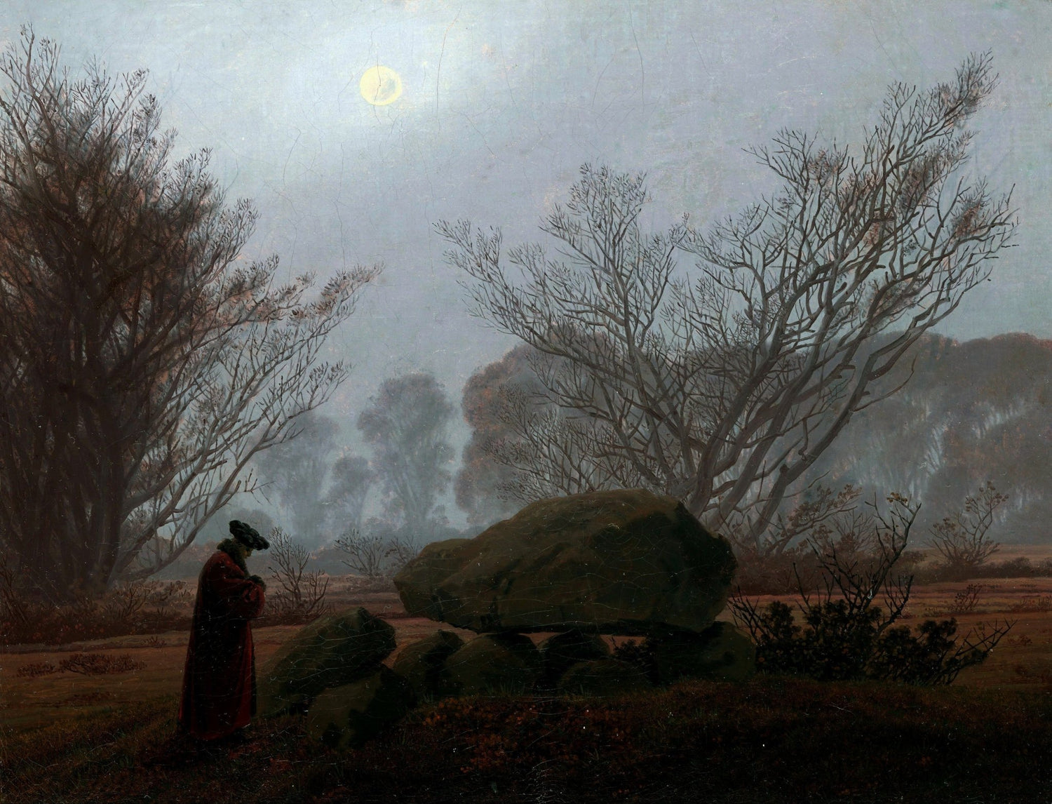 Landscape oil painting of a moonlit forest at dusk with a solitary figure near large mossy rocks, hand painted oil on canvas . - Add Frame, Canvas, Figure, Forest, Hand Painted, Landscape, Made To Order, Moonlight, Oil Painting, Sunset