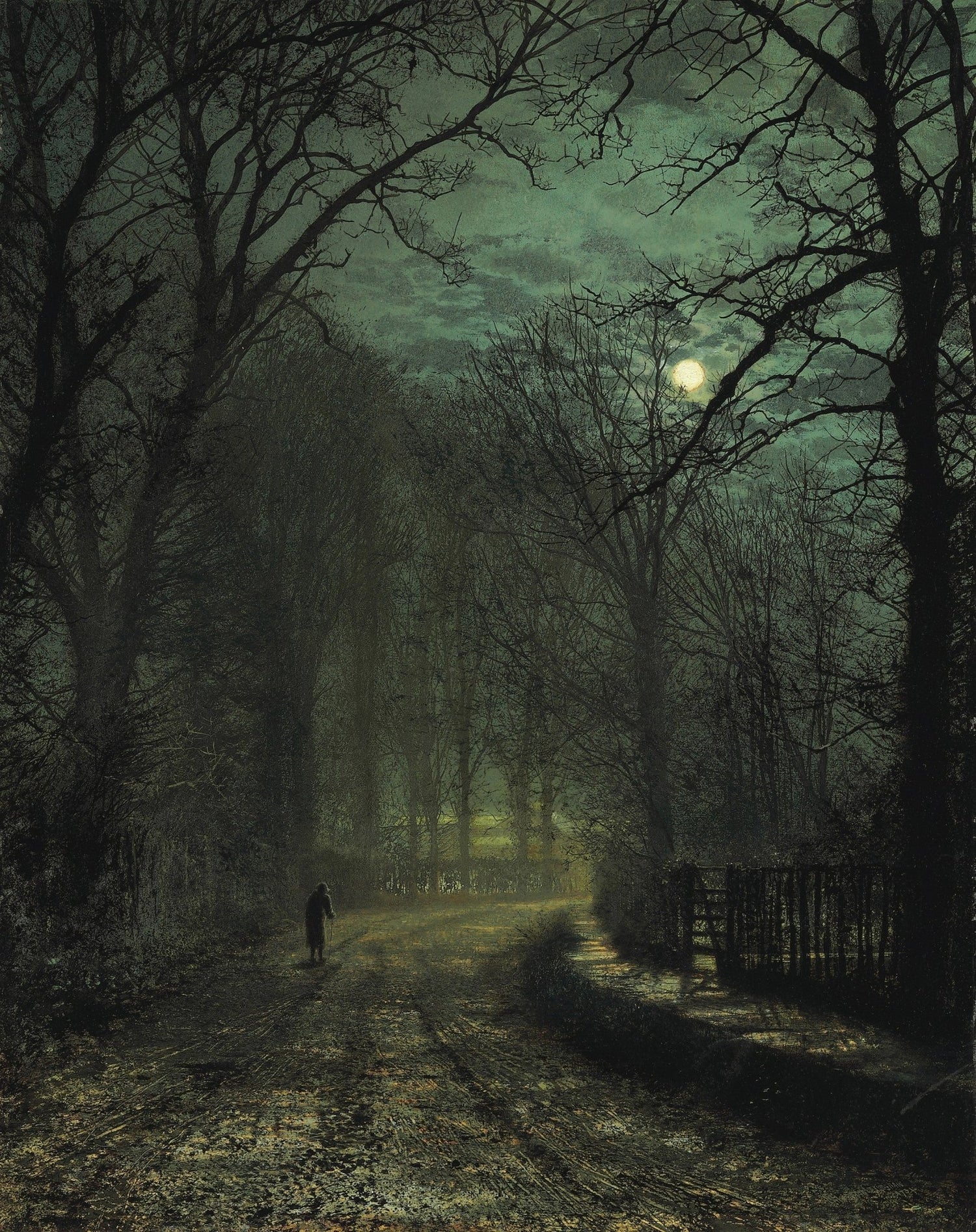 Landscape oil painting of a moonlit forest lane with textured brushwork, featuring a lone figure walking along a winding. - Add Frame, Canvas, Country, Figure, Forest, Hand Painted, Landscape, Made To Order, Moonlight, Oil Painting, Road