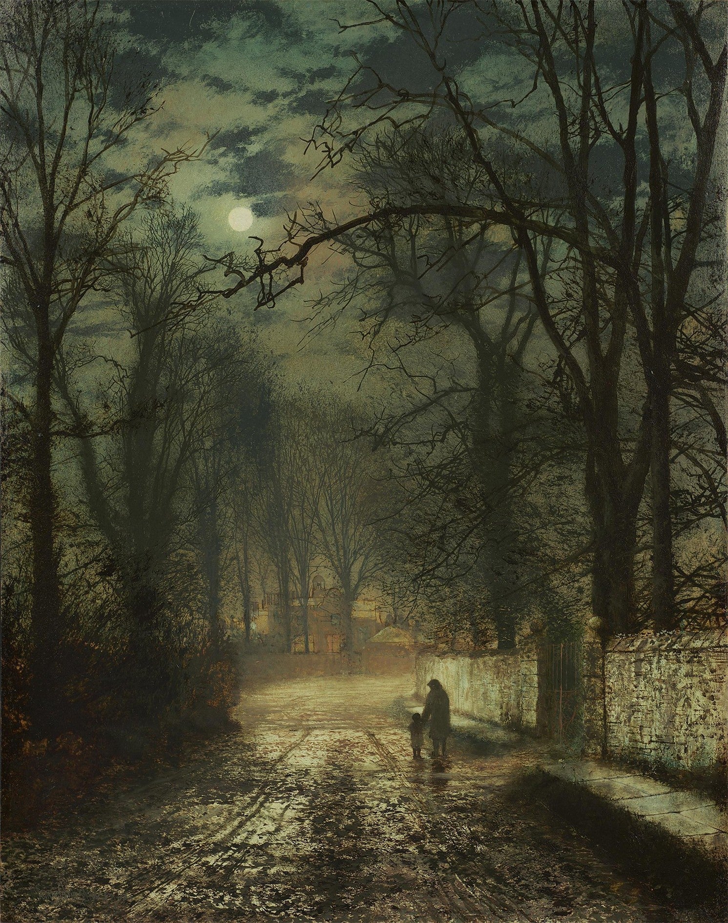 Moonlit forest road landscape oil painting with figures, textured brushwork on canvas. - Add Frame, Canvas, Figure, Forest, Hand Painted, Landscape, Made To Order, Moonlight, Oil Painting, Road
