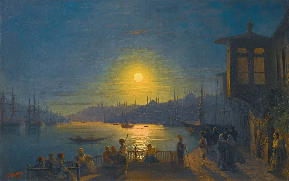 Hand painted landscape oil painting on canvas featuring a moonlit harbor with textured brushwork, glowing full moon above. - Add Frame, Boat, Canvas, Hand Painted, Harbor, Landscape, Made To Order, Moonlight, Oil Painting, Seascape