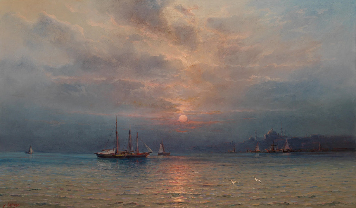Hand-painted moonlit harbor at sunset nautical oil painting on canvas