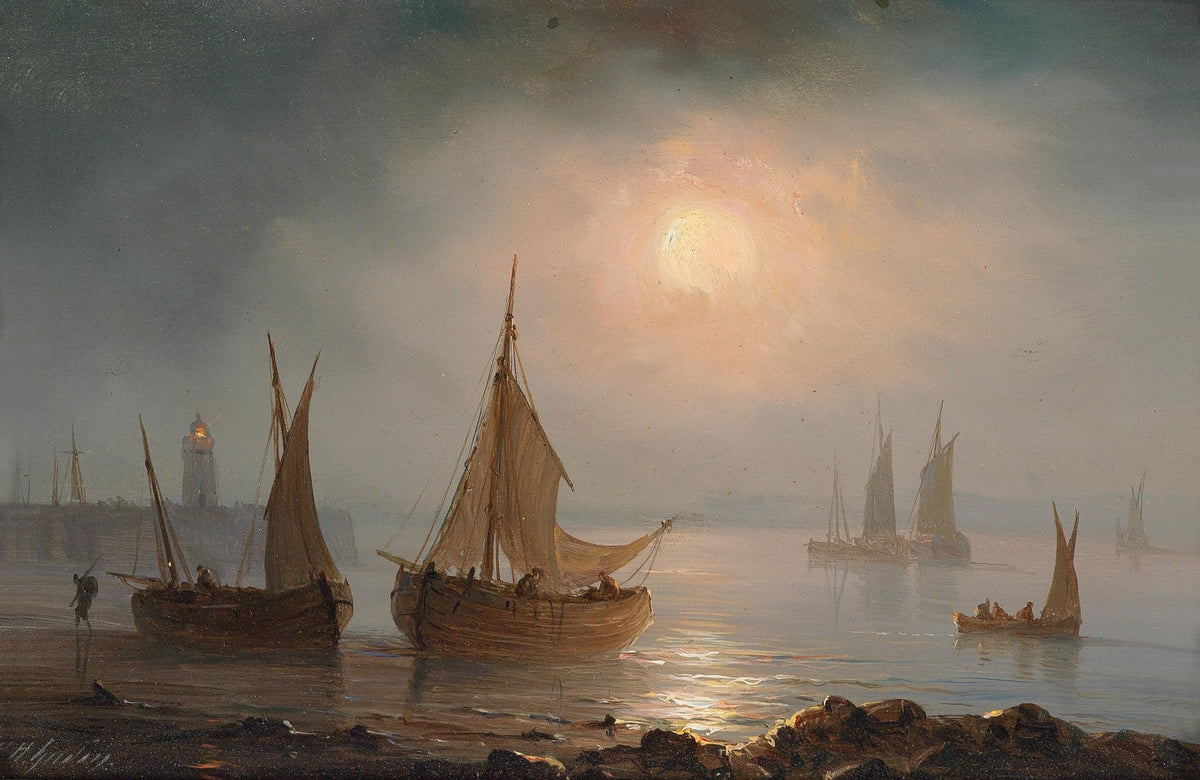 Hand-painted moonlit harbor with fishing boats nautical oil painting on canvas