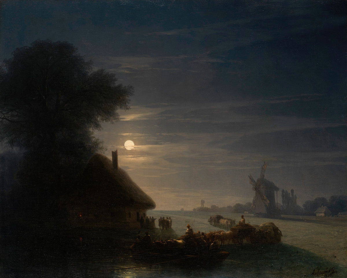 Hand painted oil on canvas landscape oil painting featuring a moonlit river with textured brushwork, thatched cottage on. - Add Frame, Canvas, Hand Painted, Landscape, Made To Order, Moonlight, Oil Painting, River, Village