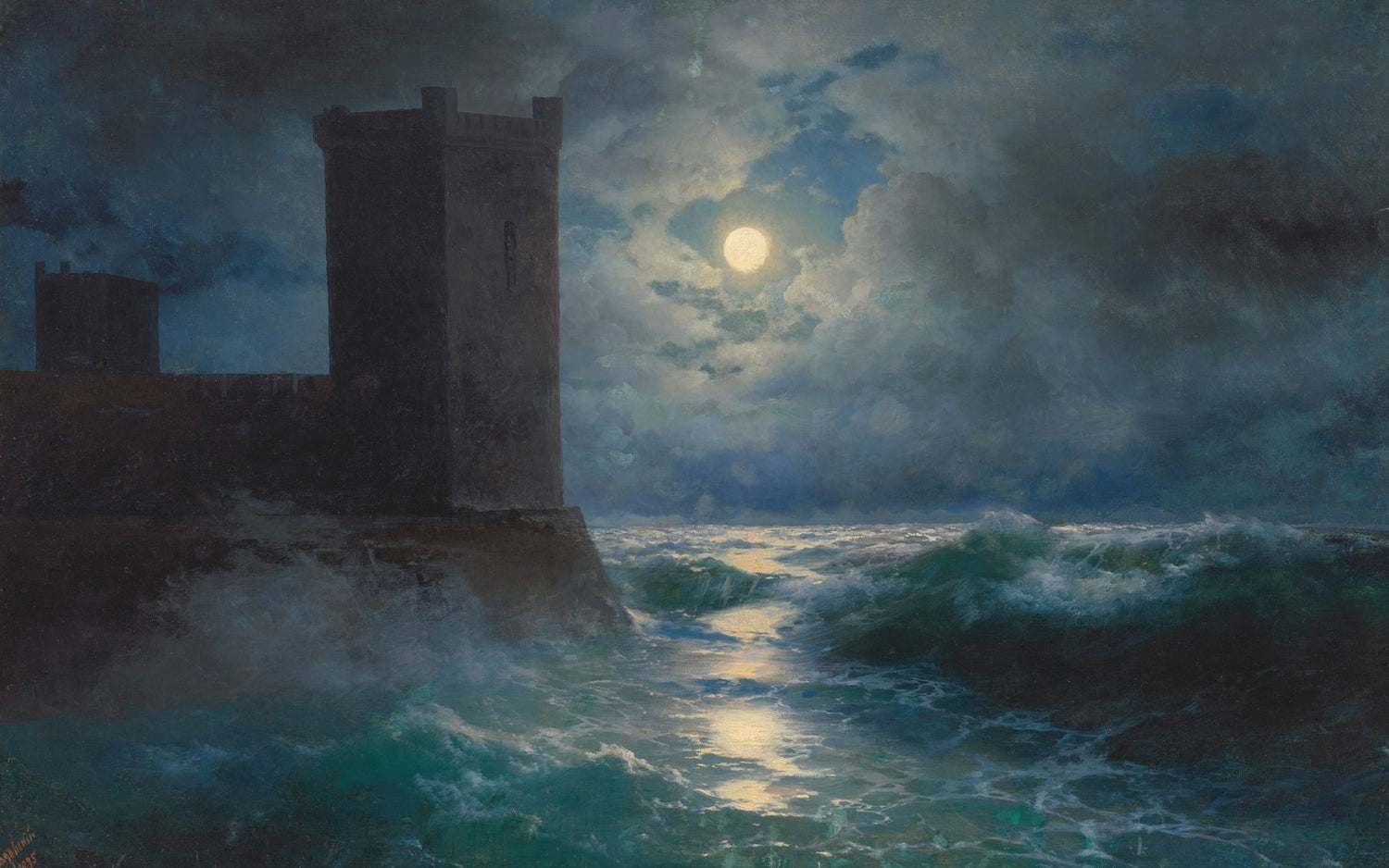 Landscape oil painting of a moonlit coastal castle with turbulent sea, hand painted oil on canvas with textured brushwork. - Add Frame, Architecture, Canvas, Castle, Coastal, Hand Painted, Landscape, Made To Order, Moonlight, Oil Painting, Seascape