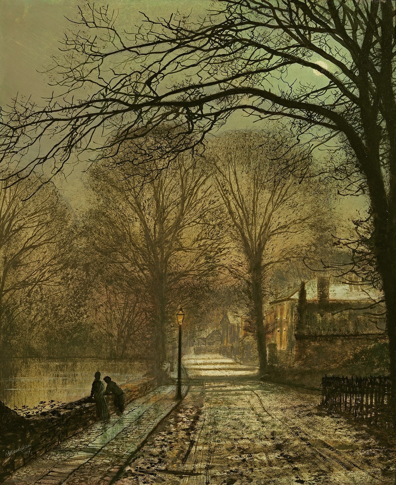Landscape oil painting of a moonlit village road lined with bare trees, textured brushwork capturing evening shadows on oil. - Add Frame, Canvas, Country, Forest, Hand Painted, Landscape, Made To Order, Moonlight, Oil Painting, Road, Village