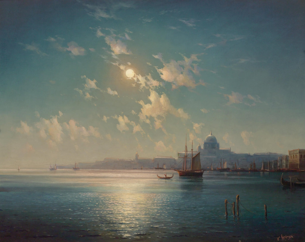 Hand-painted moonlit venice harbor scene nautical oil painting on canvas