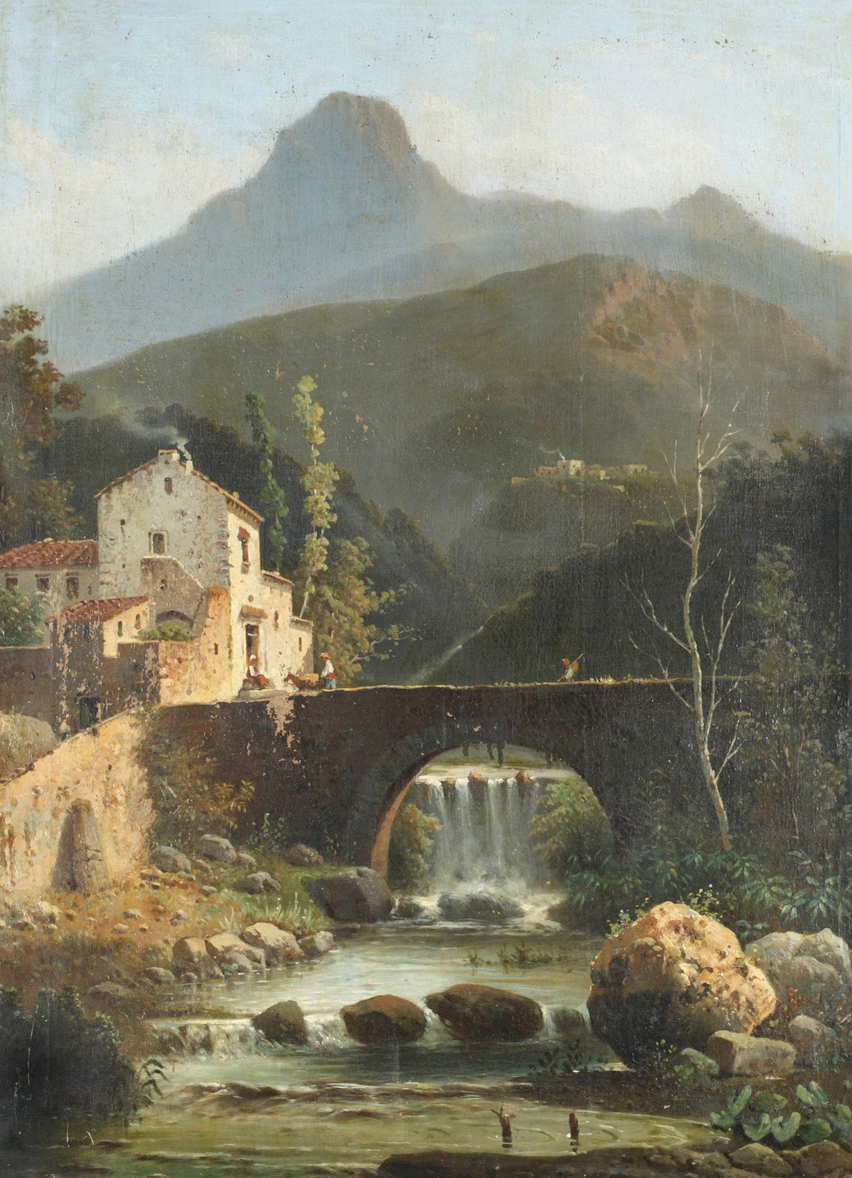Hand-painted mountain bridge and waterfall scene landscape oil painting on canvas