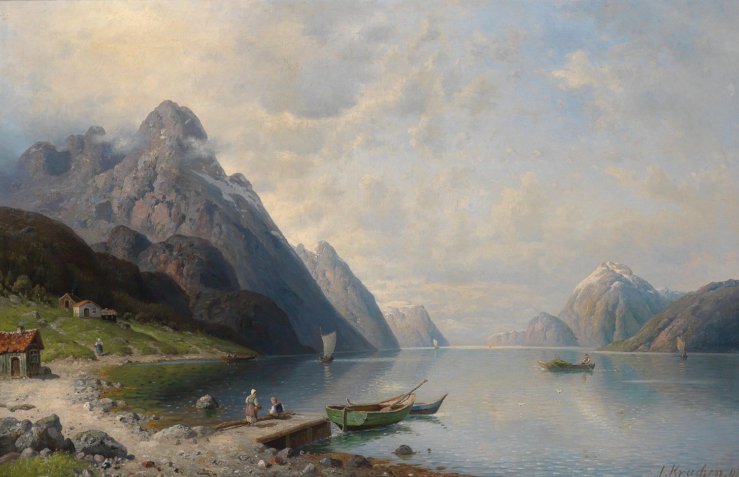Mountain Fjord, Boats, Coastal Village – Landscape Oil Painting - Oil Painting Haven
