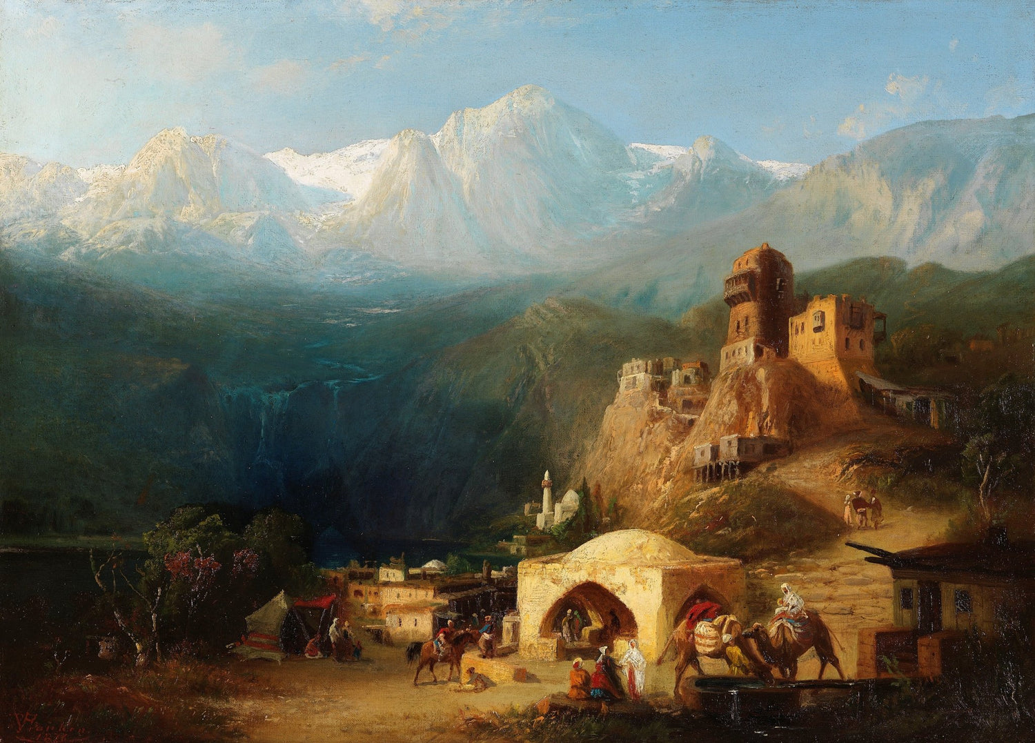 Mountain Fortress, Travelers in a Vast Valley – Landscape Oil Painting - Oil Painting Haven