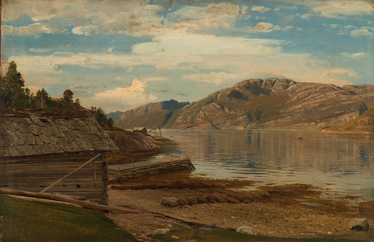 Hand painted oil on canvas landscape oil painting of rustic boathouse by mountain lake shore with textured brushwork and. - Add Frame, Canvas, Coastal, Hand Painted, Lake, Landscape, Made To Order, Mountain, Oil Painting