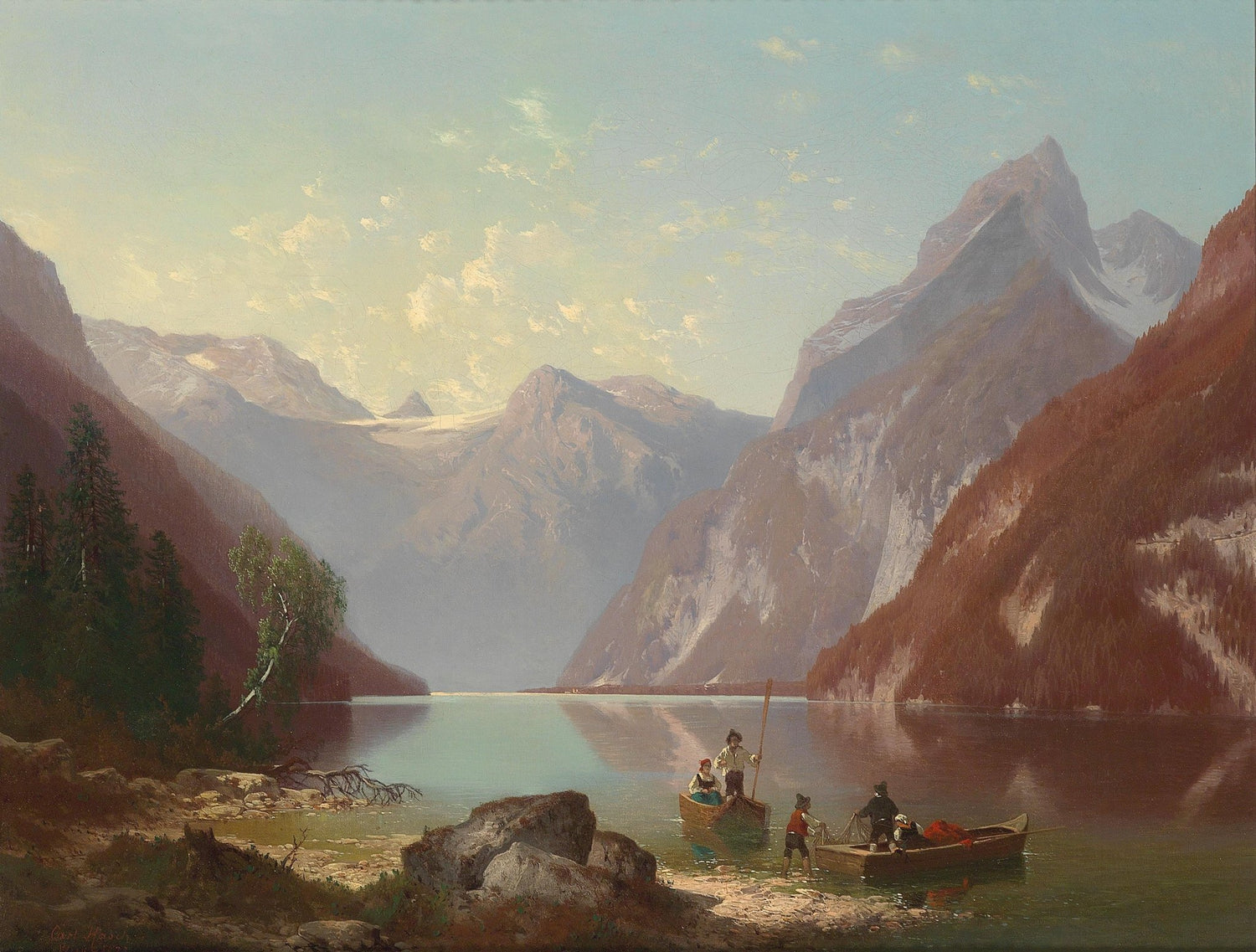 Mountain Lake with Fishermen and Boats at Dawn – Landscape Oil Painting - Oil Painting Haven