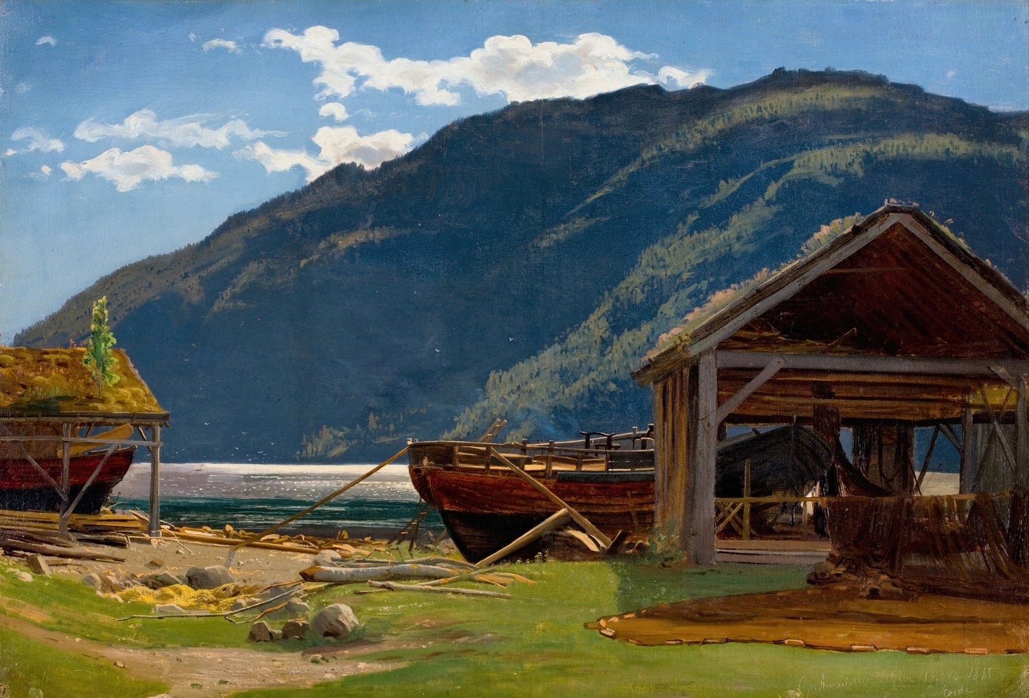 Landscape oil painting of mountain lakeside boat yard with wooden boats and textured brushwork on canvas. - Add Frame, Boat, Canvas, Hand Painted, Lake, Landscape, Made To Order, Mountain, Oil Painting