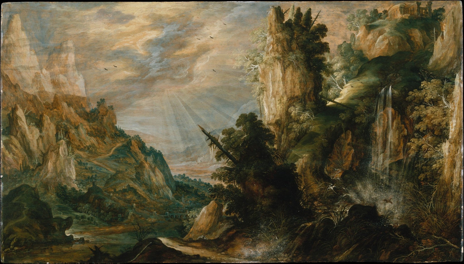 Hand painted oil on canvas landscape oil painting with textured brushwork depicting a dramatic mountain landscape featuring. - Add Frame, Canvas, Hand Painted, Landscape, Made To Order, Mountain, Oil Painting, Waterfall