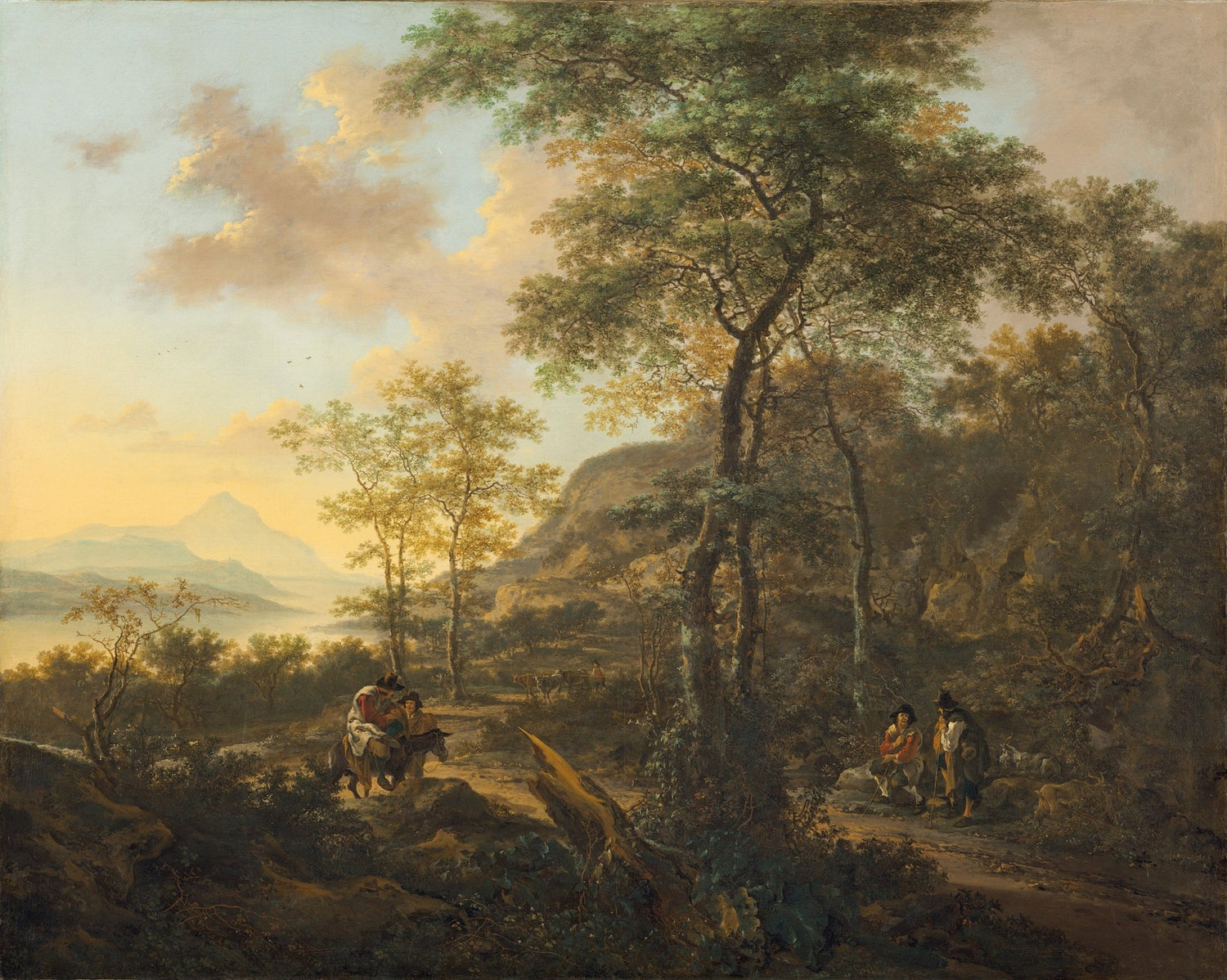 Landscape oil painting with travelers on a winding mountain path at sunset, hand painted oil on canvas with textured. - Add Frame, Canvas, Country, Hand Painted, Landscape, Made To Order, Mountain, Oil Painting, Road, Sunset