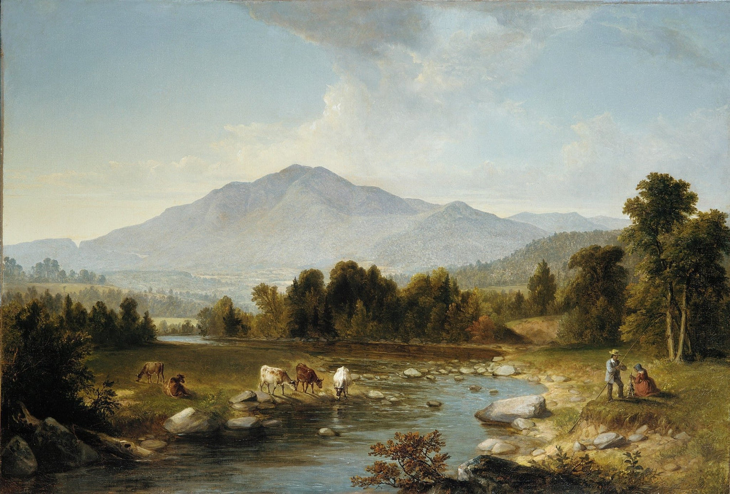 Landscape oil painting of a mountain river valley with grazing cattle, hand painted oil on canvas with textured brushwork. - Add Frame, Animal, Canvas, Farm, Hand Painted, Landscape, Made To Order, Mountain, Oil Painting, River