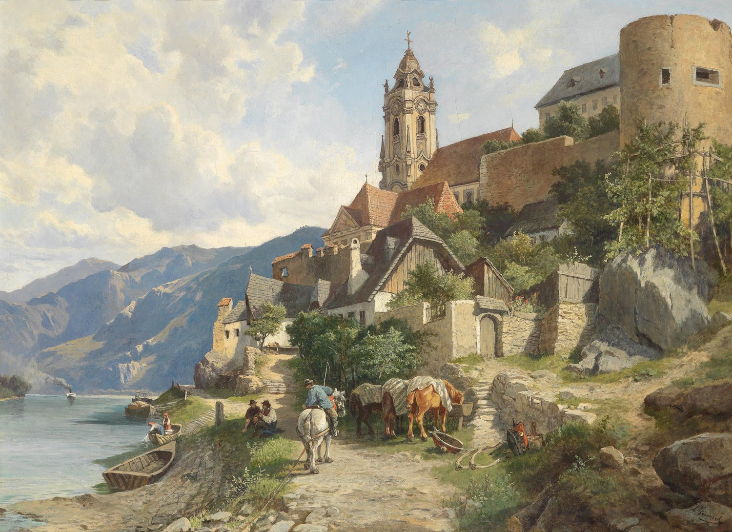 Mountain Riverside Village, Church, Horses – Landscape Oil Painting - Oil Painting Haven