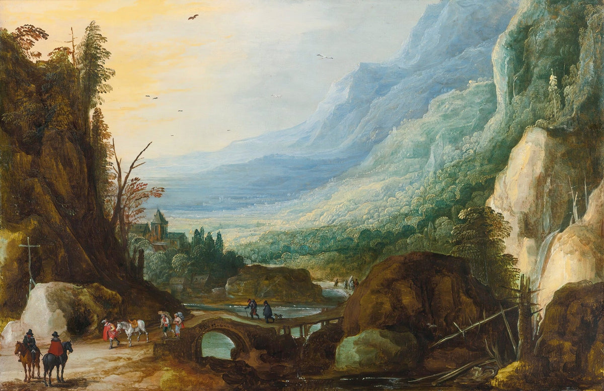 Landscape oil painting with textured brushwork depicting a mountain valley, stone bridge over a river, waterfall, and. - Add Frame, Architecture, Canvas, Hand Painted, Landscape, Made To Order, Mountain, Oil Painting, Waterfall