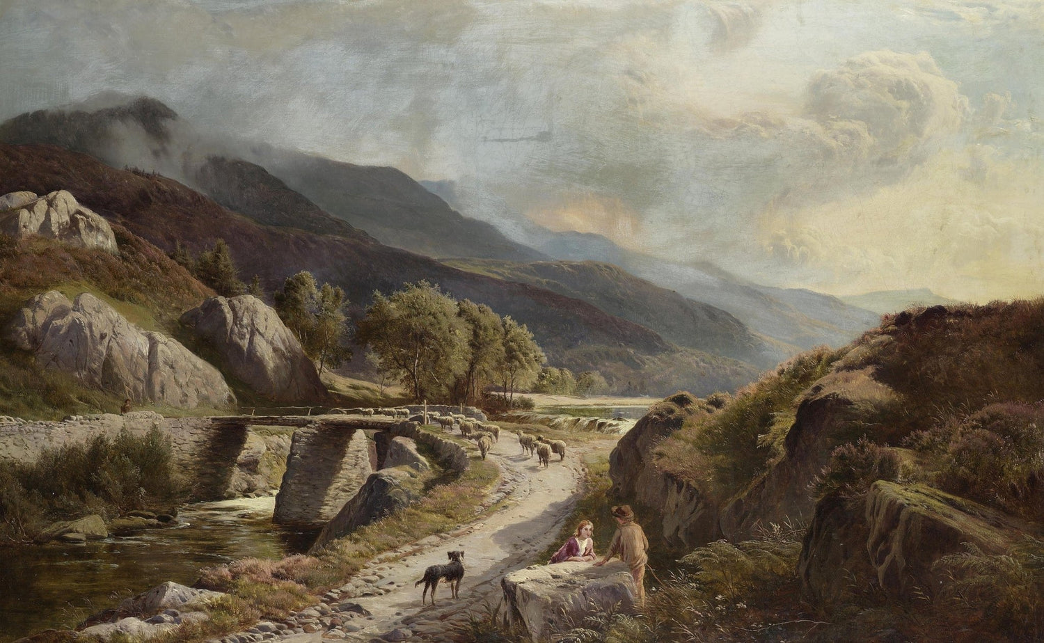 Mountain Valley Path, Stone Bridge, Figures – Landscape Oil Painting - Oil Painting Haven
