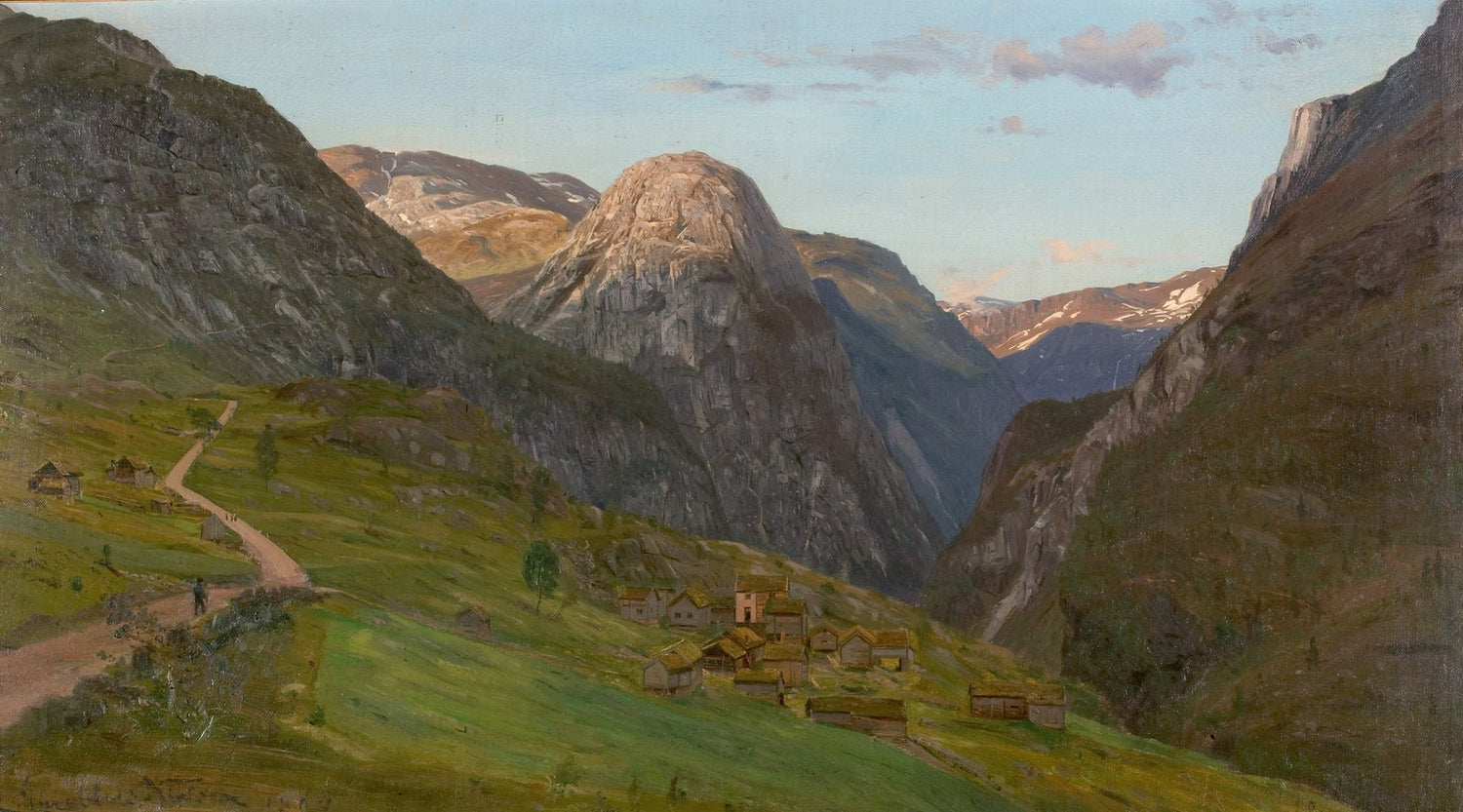 Hand painted landscape oil painting on canvas depicting a mountain valley with a winding road and a village, textured. - Add Frame, Canvas, Hand Painted, Landscape, Made To Order, Mountain, Oil Painting, Road, Village