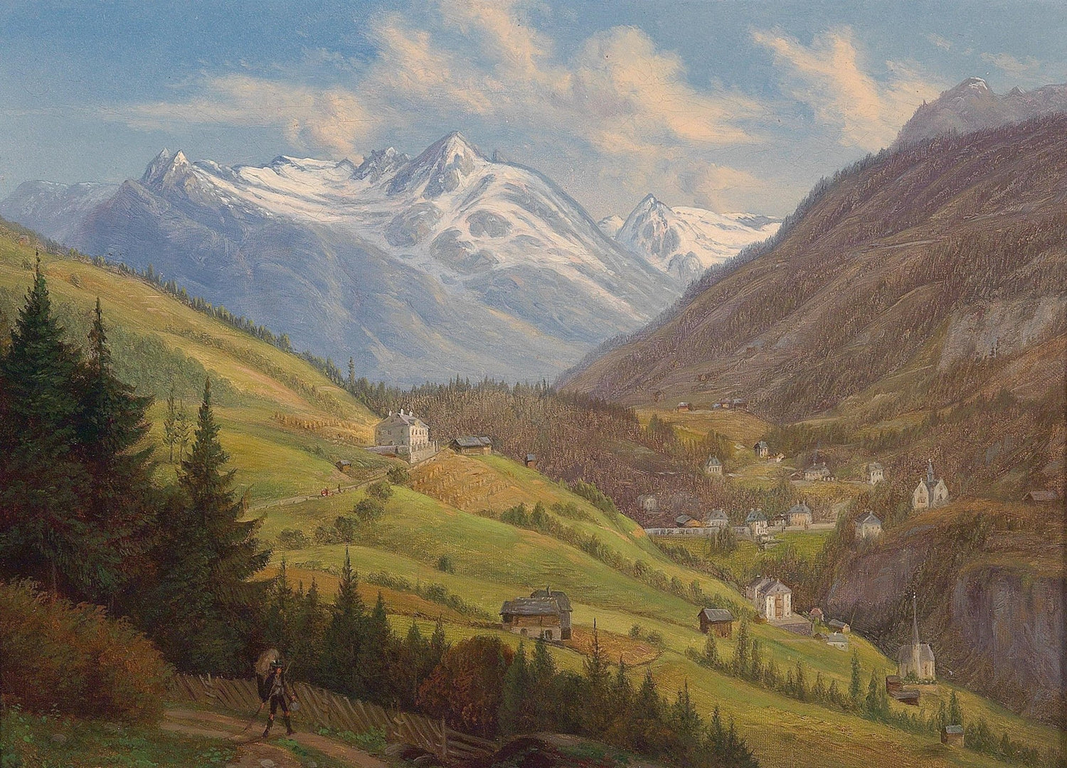 Mountain Valley Village beneath Snowy Peaks – Landscape Oil Painting - Oil Painting Haven