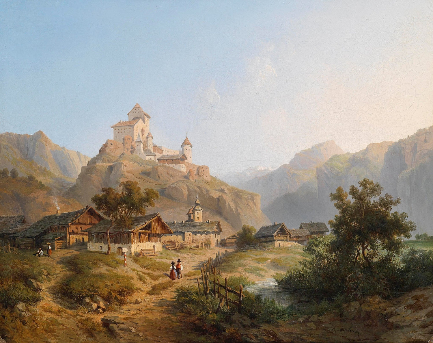 Mountain Village with Castle | Hand - Painted European Landscape Oil Painting - Oil Painting Haven