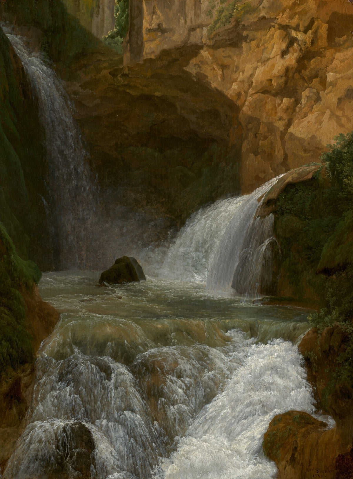 Hand painted landscape oil painting on canvas featuring a mountain waterfall cascading through a textured rocky gorge with. - Add Frame, Canvas, Hand Painted, Landscape, Made To Order, Mountain, Oil Painting, Waterfall
