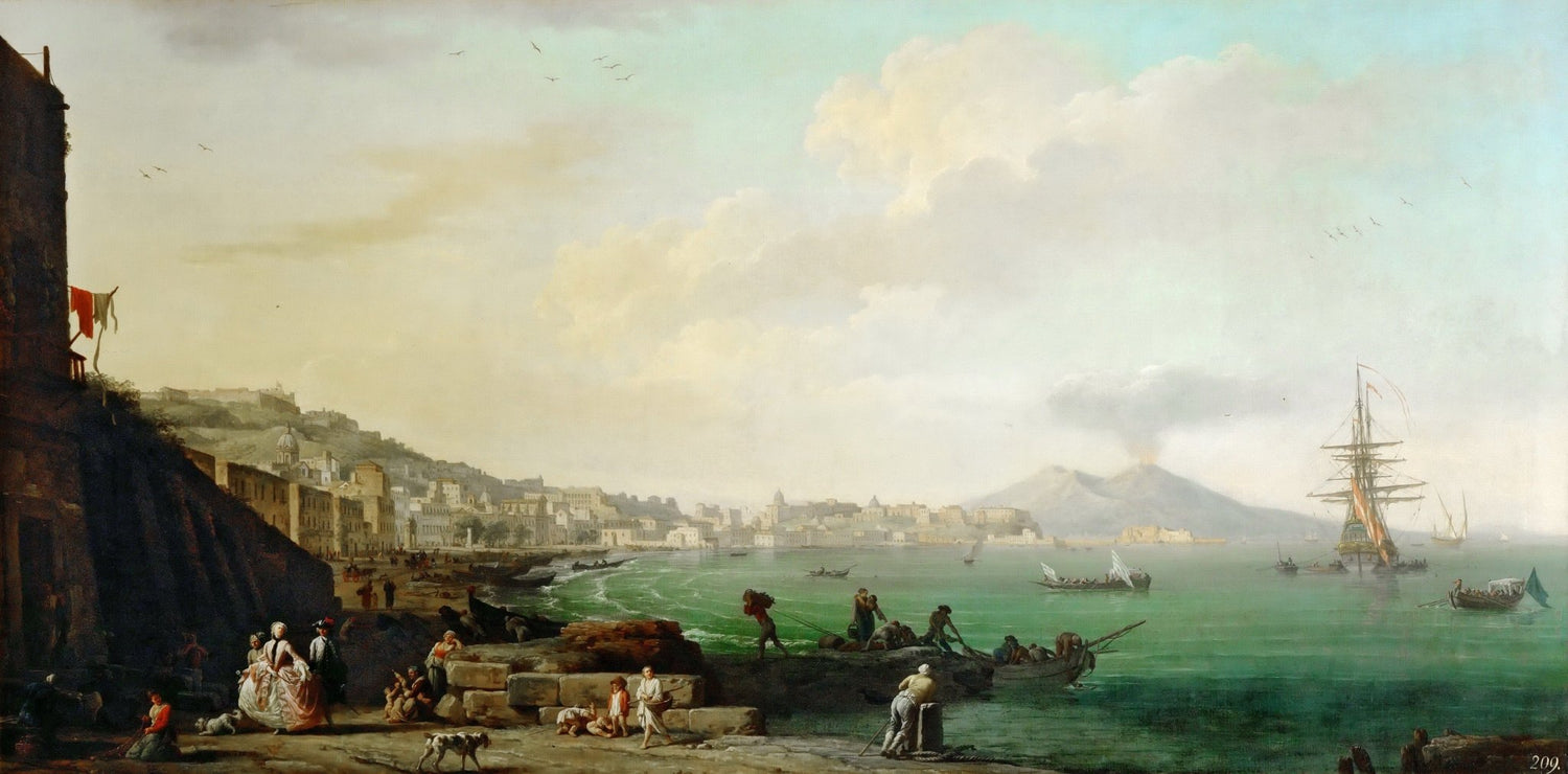 Hand painted oil on canvas landscape oil painting of Naples coast with Mount Vesuvius, harbor, boats, and textured brushwork. - Add Frame, Boat, Canvas, Coastal, Hand Painted, Harbor, Landscape, Made To Order, Oil Painting, Seascape
