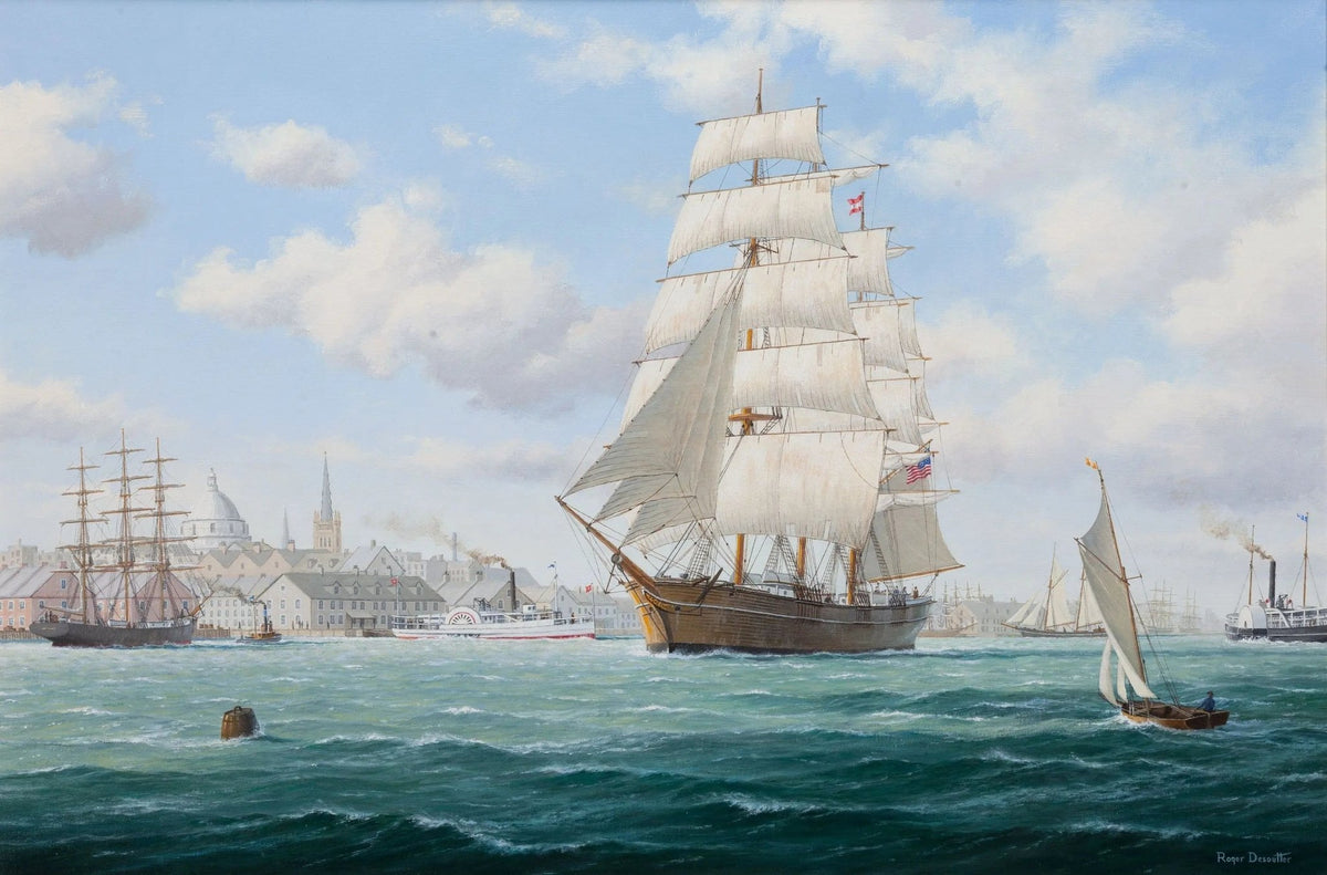 Hand-painted American clipper ship in harbor scene nautical oil painting on canvas
