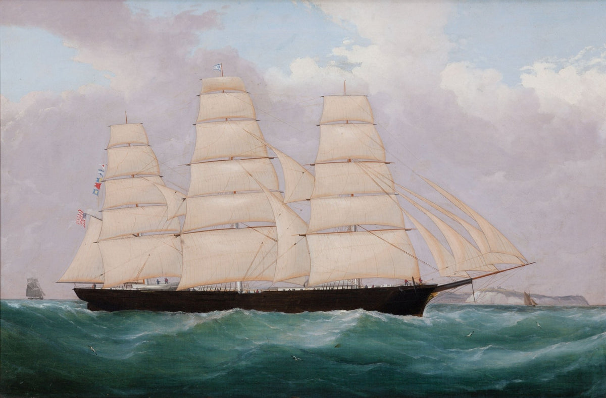 Hand-painted American clipper with full white sails nautical oil painting on canvas