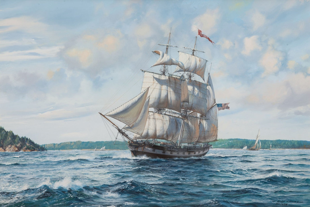 Hand-painted American tall ship on coastal waters nautical oil painting on canvas