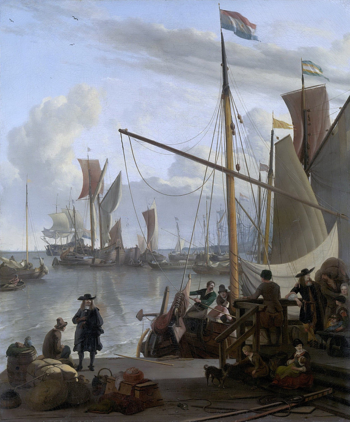 Hand-painted amsterdam harbor ships and dockside life nautical oil painting on canvas