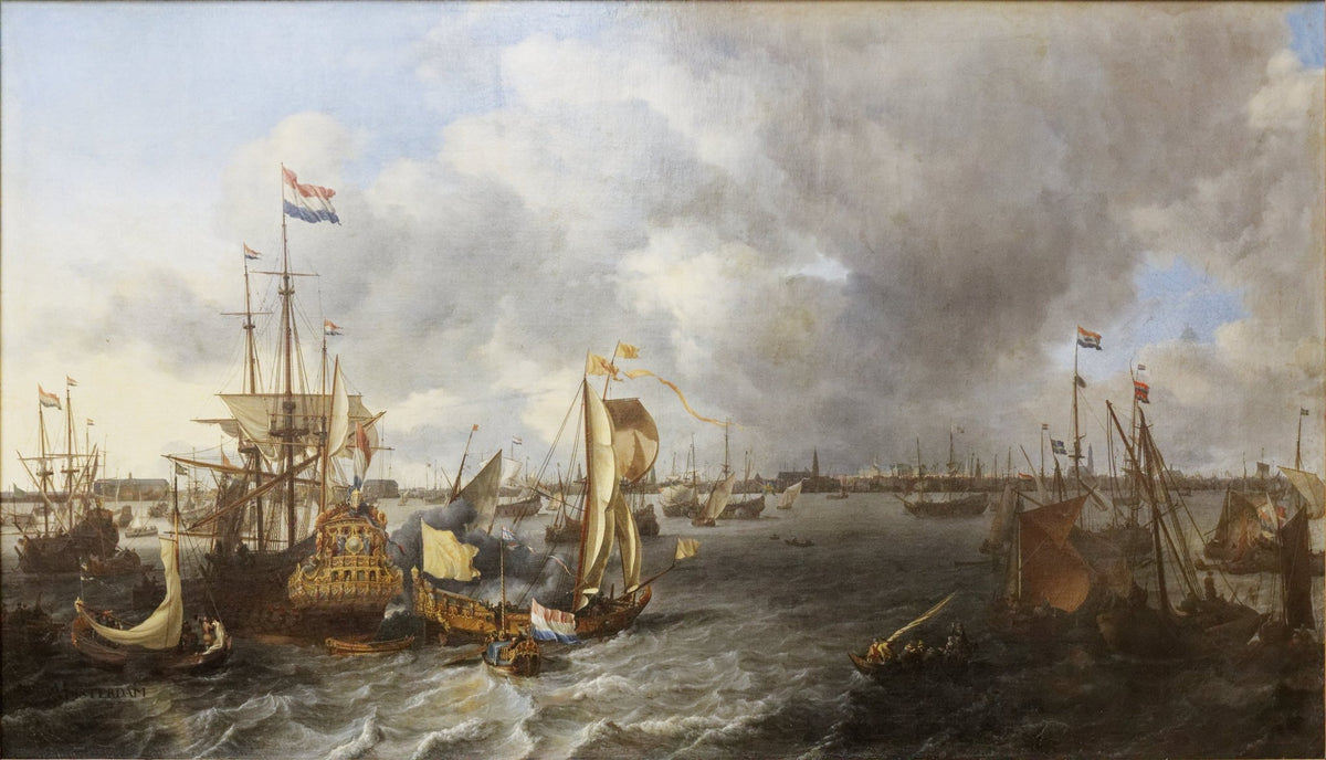 Hand-painted amsterdam harbor under cloudy sky nautical oil painting on canvas