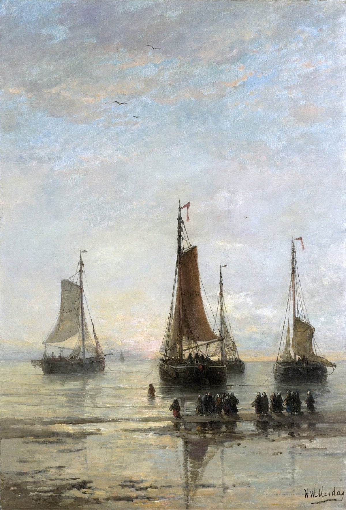 Hand-painted anchored fishing boats at dusk nautical oil painting on canvas